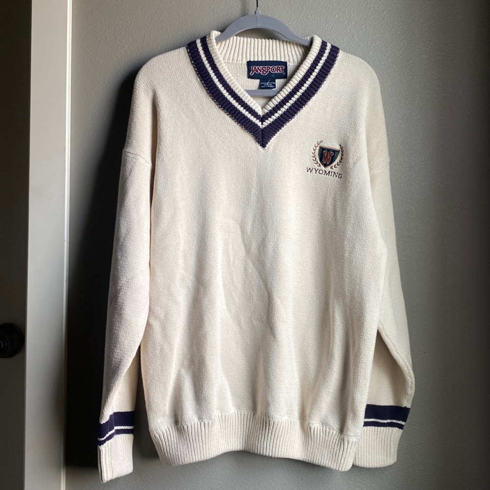 Vintage JANSPORT Knit Sweater Wyoming V Neck Academia, Size Large, color Ivory.